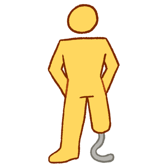 an emoji yellow person standing with their legs shoulder-width apart and their hands on their hips. their left leg ends a little under the knee, with a somewhat detailed drawing of a running blade leg prosthesis underneath. 